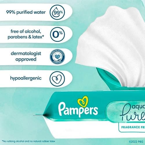 Pampers Baby Wipes Aqua Pure, 99% water-based wipes, Hypoallergenic and Unscented Baby Wipes, 672 Wipes Total (12 Flip-Top Packs) - 56 Count (Pack of 12) thumbnail 3