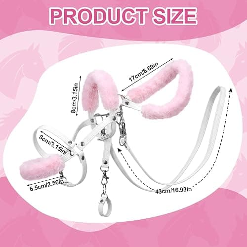 Shappy Hobby Horse Toy Accessories Realistic Horse Bridle with Metal Bit and Adjustable Reins, Faux Leather and Stainless Steel for Equestrian, Themed Events Competitions and Play (White, Pink) thumbnail 2