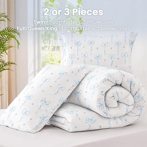 Bildenly Bow Queen Comforter Set Light Blue Bow 3 Pieces | Bedding Set, Soft & Lightweight Comforter(90‘’ x 90‘’) for Girl All Season & 2 Pillowcases(20‘’x30‘’) thumbnail 6