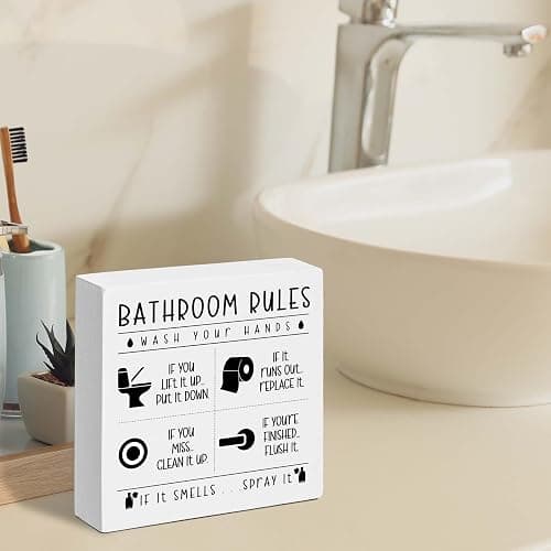 FUQWZ Funny Bathroom Wooden Box Sign, Farmhouse Rustic home Decor, House Decor For Restroom Toilet Washing Basin Shelf Table, Bathroom Rules Warning Sign, Gifts for Thanksgiving Christmas Easter(006) thumbnail 2