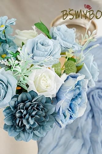 Artificial Blue Flowers Combo Box Set Baby Blue Rose Flowers Bulk Mix Dusty Blue Dahila Peonies Fake Silk Light Blue Flower Bouquets for Wedding Bridal Shower Table Centerpieces Home Party Decor thumbnail 7