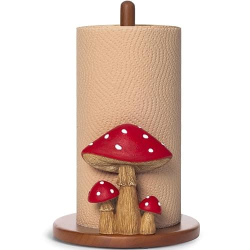 Mushroom Paper Towel Holder - Cottagecore Decor Mushroom Kitchen Home Cottagecore Accessories Cute Stuff, Unique Wood Paper Towel Holder Stand Kitchen Countertop 12.5×7 in - Image 1
