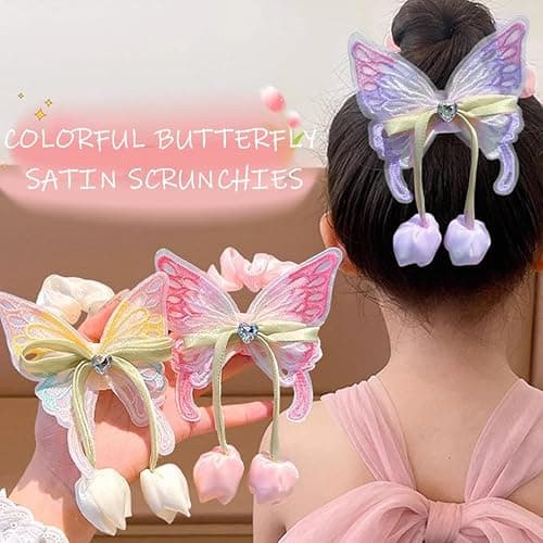 Ouliget Butterfly Satin Scrunchies,Cute Elastic Toddle Hair Ties with Bows and Flowers Colorful,Creative Hair Ties Ponytail Decorative Headwear for Christmas Party Decoration thumbnail 2