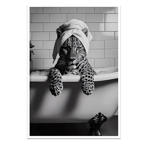 Leopard In Bathtub Canvas Print Trendy Black And White Wall Art Maximalist Poster Luxury Animal Bathroom Spa Decor Aesthetic Pictures for Modern Restroom Home Eclectic Decorations 12x16inch Unframed - Image 1