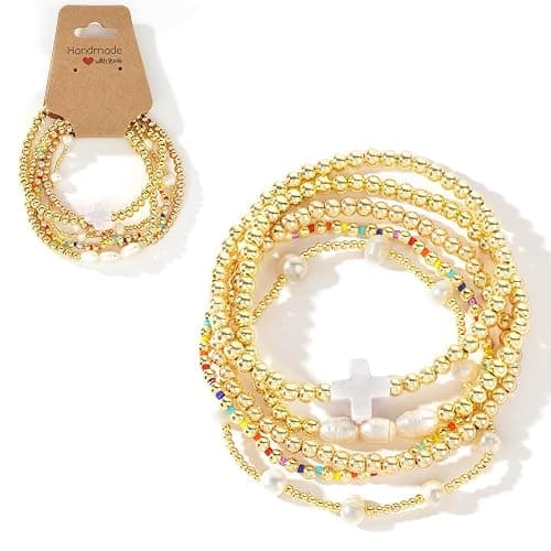 SHINUS BOHO 14K Gold Pearl Beaded Cross Bracelets Stack Set for Women,Stretch Boho Colorful Christian Beads Ball Jewelry Trendy Gift thumbnail 4