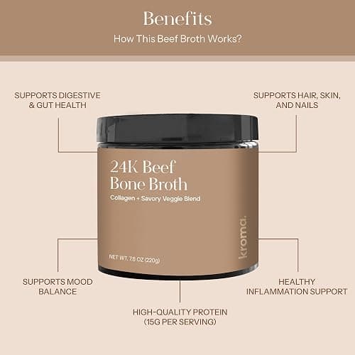 Kroma 24K Beef Bone Broth Powder - 10 Servings Jar, 7.8 Oz – 100% Grass Fed Gluten Free Powder - Collagen-Rich High Protein Broth w/Organic Ingredients - Animal Based Protein for Gut Health & Joint Support thumbnail 4