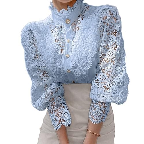 Women’s Stand Collar Lace Patchwork Shirts Casual Hollow Out Flower Petal Sleeve Button Tops - Image 1
