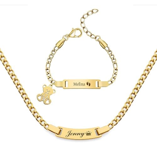 Malihome Personalized Bracelet & Necklace Set Custom Engraving Name/Text/Birth Date Stainless Steel Bracelets Gift for Baby Baptism Toddler New Mom - Image 1