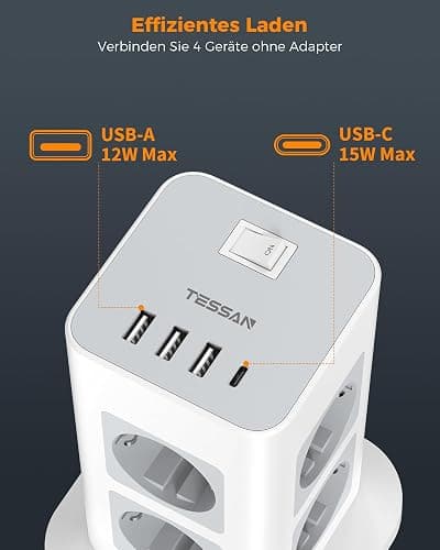 TESSAN 8 Fach Mehrfachsteckdose mit USB C, Verlängerungskabel 3M mit 4 USB und Steckdosenleiste Überspannungsschutz, 3600W Steckdosenturm mit Schalter, Steckdosenwürfel für Büro, Grau thumbnail 3