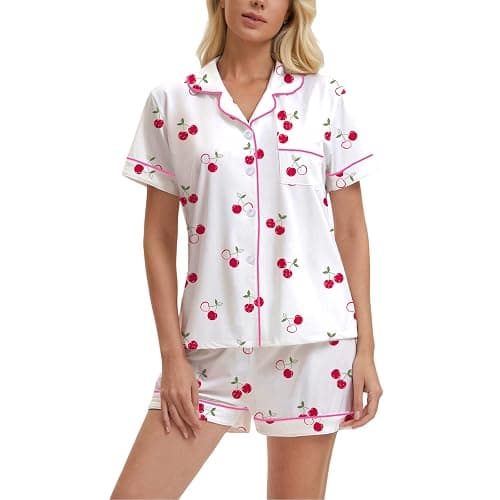 PUNINGXS Casual Women's Pajamas with Printed Short Sleeved Button Down Top and Shorts Pjs Loungewear Set thumbnail 2