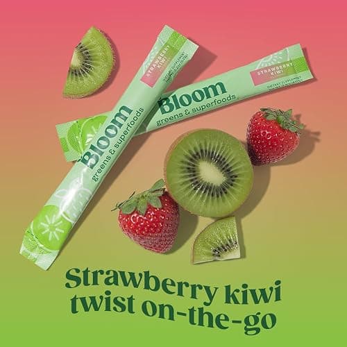 Bloom Nutrition Greens and Superfoods Powder Packets for Digestive Health, Greens Powder, Digestive Enzymes, Probiotics, Spirulina, Chlorella for Bloating & Gut Support, 15 Stick, Strawberry Kiwi thumbnail 2