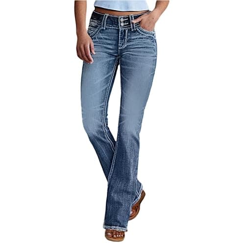 Straight Leg Jeans for Women Stretch Mid Rise Bootcut Denim Pants Lightweight Casual Vintage Wash Jeans with Pockets - Image 1