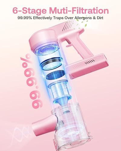 Cordless Vacuum Cleaner, 40Kpa 45Mins Vacuum Cleaners for Home, 8-in-1 Lightweight Stick Vacuum with Powerful Suction, Anti-tangle Wireless Vacuum for Carpet, Tile, Pet Hair, Hardwood Floors, Pink - Pink thumbnail 7