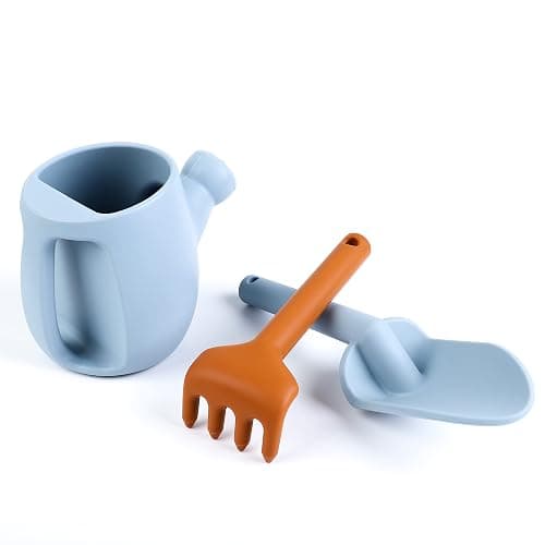 BLUE GINKGO Toddler Gardening Tools - Silicone Beach Toys, Garden Toys for Toddlers | Kids Shovel and Rake Set, Watering Can, Sand Molds | Outdoor Baby Gardening Set (Blue) thumbnail 3