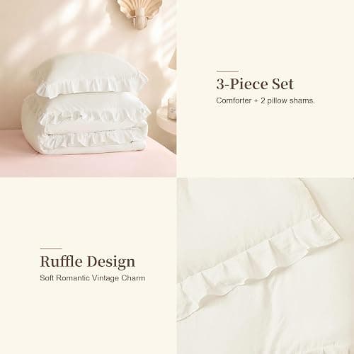 JANZAA Cream White Comforter Set Full, Ruffle Soft Bedding | microfiber bed set with 2 pillow sham ruffle design lightweight warmth breathable bedding machine washable thumbnail 5