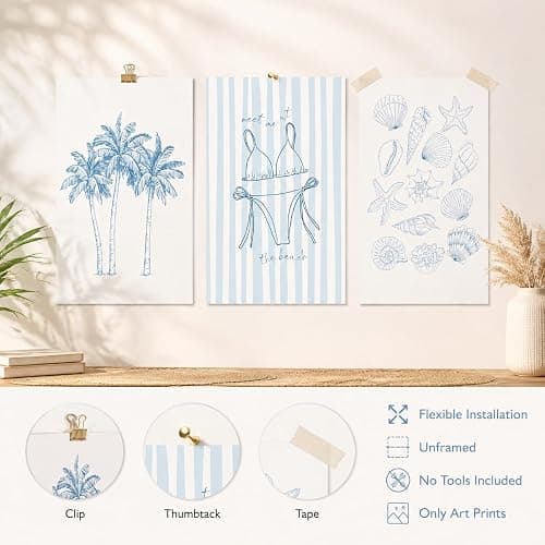 3Pcs Blue Coastal Unframed Canvas Wall Art, Preppy Beach Summer Decor | Palm Tree & Bikini Seashell Line Art, Minimal Nautical Theme, Flexible Frame, for Hallway, Bedroom & Living Room Decor thumbnail 4