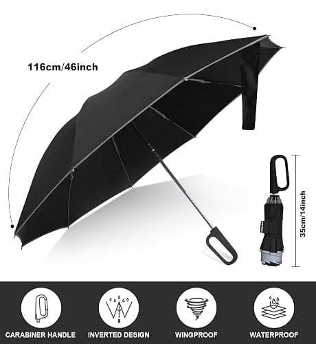 QWB TUMAAOTU Inverted Umbrella with Carabiner Handle, Compact Wind Proof Umbrellas For Rain and Sun Protection, Portable Reverse Folding Umbrella, Car Umbrella for Women Men, 10 Ribs thumbnail 6
