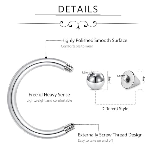 D.Bella 16G 14G Horseshoe Rings Surgical Steel Nose Septum Horseshoe Hoop Earring Eyebrow Tragus Lip Rings Daith Helix Piercing Jewelry for Women Men 6-12mm Smily Piercing Jewelry thumbnail 2