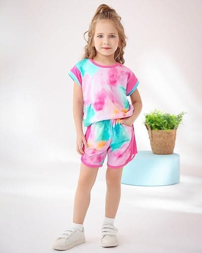 SANMIO Toddler Girl Clothes 2025 Summer Toddler Girls Color Block Short Sleeve Shorts Sweatsuit Outfits - Tie-dye Hot Pink - 2-3T thumbnail 2