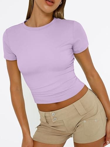 Trendy Queen Womens Short Sleeve T Shirts Summer Crop Tops Basic Slim Fit Gym Workout Y2k Clothes thumbnail 4
