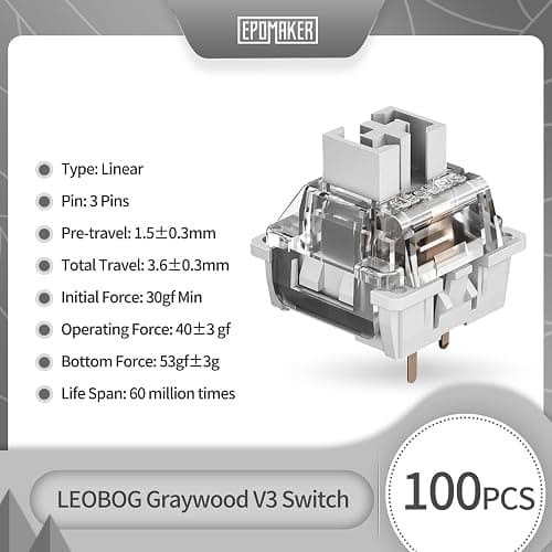 EPOMAKER LEOBOG Graywood V3 Switch Set, Linear Cearmy Switch, 40gf, 3 Pins Pre-lubed, 100 Pieces for Customizing Mechanical Keyboards thumbnail 2