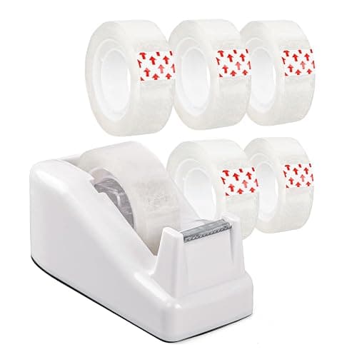 Desktop Tape Dispenser White with Weighted Nonskid Base - Includes 6 Rolls of Transparent Tape (0.71 Inch x 1000 inches Each) - Image 1