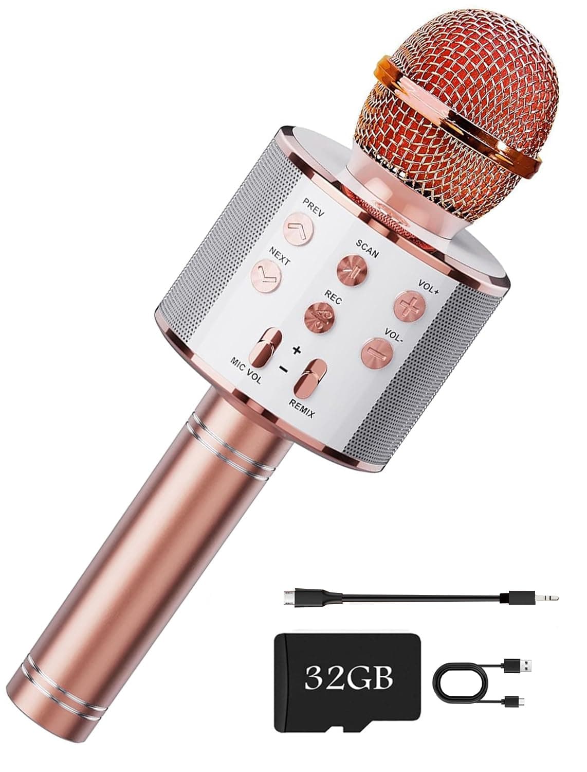 Wireless Bluetooth Karaoke Microphone for Kids, 5-in-1 Portable Handheld Karaoke Mic Speaker Player Recorder with Adjustable Remix FM Radio for Kids Girls Boys (with 32G TF Card,Rose Gold) - Image 1