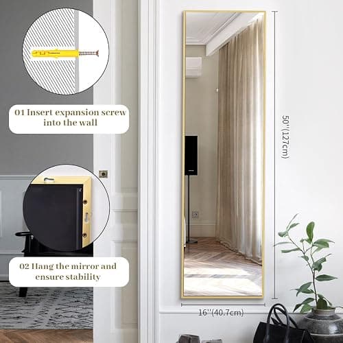 BEAUTYPEAK 16" x 50" Adjustable Height Over The Door Mirror, Gold | Full Length Hanging Door Mirror with Shatterproof Tempered Glass Aluminum Alloy Frame for Bedroom, Living Room, Bathroom,Dorm thumbnail 2