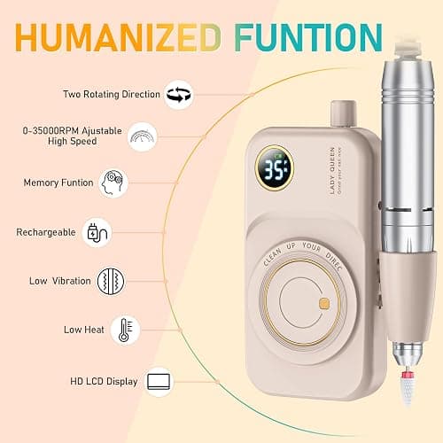 Portable Nail Drill Electric File: 35000RPM Professional Rechargeable Nail E File Machine,for Acrylic Nails Gel Polishing Removing, Cordless Efile with Bits Kit for Manicure Salon Home (Pink) thumbnail 4