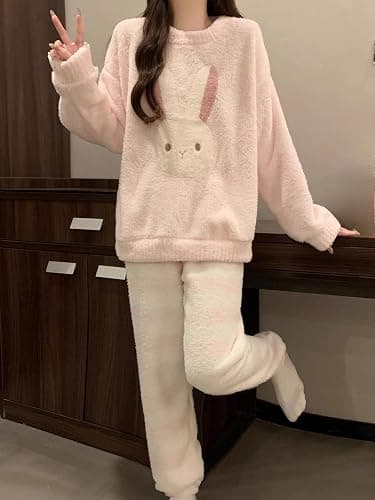 Vhitler Kawaii Cutecore Fuzzy Pajamas Fleece Set Lounge Fluffy Pj Sets Cute Sherpa Long Sleeve Top Pants Mathing Pajamas thumbnail 5