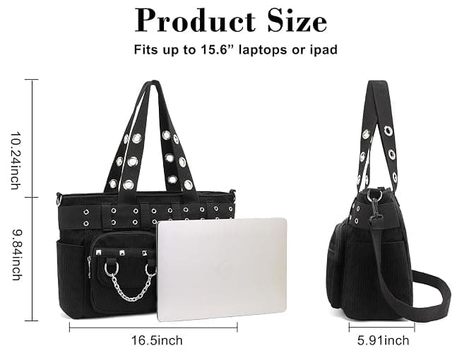 Ecohaso Tote Bag for Women, Corduroy Gothic Purse Goth Bag with Zipper for College, Work, Travel, Gym thumbnail 6