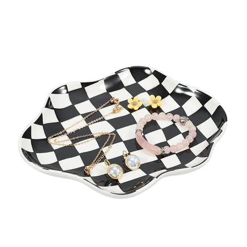 Koythin Jewelry Tray, Ceramic Jewelry Dish Trinket Tray Organizer, Checkered Pattern Aesthetic Decorative for Kitchen, Bathroom (Black and White Checkerboard) - Image 1