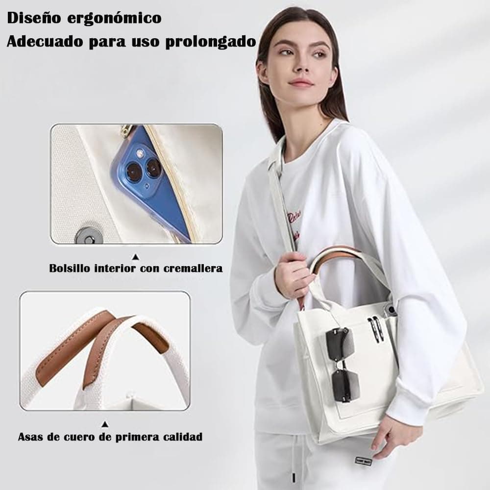 Lumbor37 Bolsa de Lona para Mujer con Hebilla, Tote Bag Cruzada para Oficina, Bolsillo con Cremallera Integrado, Viajes, Bolso Escuela thumbnail 5