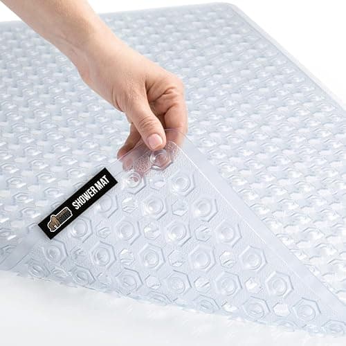 GORILLA GRIP Patented Bath Tub Shower Mat, Machine Washable Bathtub Floor Liner Mats, Suction Cups and Drain Holes to Keep Tubs Clean, Soft on Feet, Bathroom Essentials, 35x16 Inch, Clear - Image 1