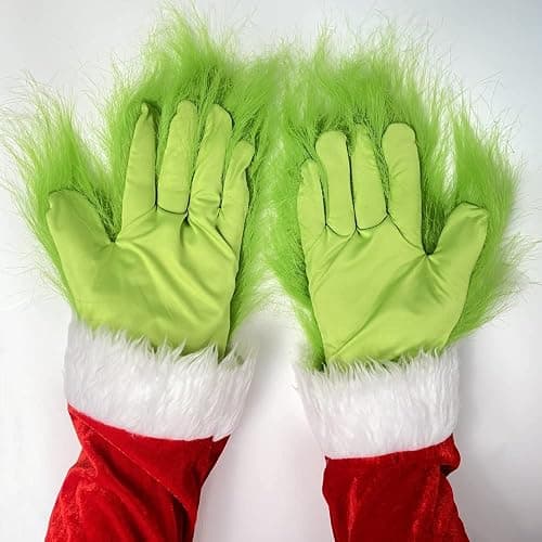 Hefnoya Green Furry Plush Gloves Adults and Kids, Christmas Santa Cosplay Costume Mask Props Green Hands Gloves thumbnail 3