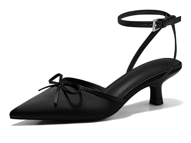 ⭐️⭐️⭐️⭐️⭐️⭐️⭐️Coutgo Satin Kitten Low Heels with Bow Closed Pointed Toe Short Pumps Dress Wedding Party Shoes - Image 1