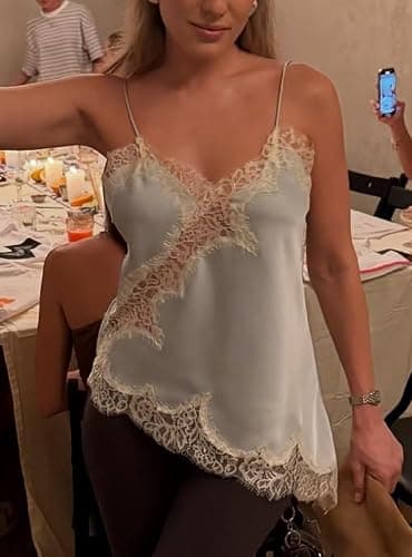 Women Lace Trim Satin Tank Top V Neck Silk Camisole Tops Asymmetrical Backless Spaghetti Strap Tank Shirts Date Outfits thumbnail 6