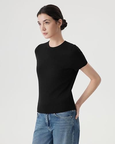 SUUKSESS Women Silk Cashmere Blend Crew Neck Short Sleeve Sweaters Casual Blouse thumbnail 5