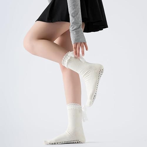 Verdancy Women’s Yoga Pilates Socks with Frills and Lace up Non Slip Cushioned Grips Crew Socks thumbnail 5