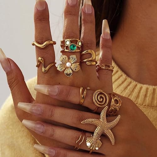 UYY Chunky Gold Rings for Women Non Tarnish, Baroque Pearl Flower Tiger's Eye Stone Rings Adjustable Stacking Statement Rings Set Fashion Jewelry Gifts thumbnail 4