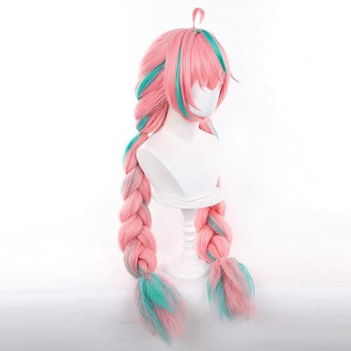 Servelove Game Pink Green Long Wig Braid Hair Characters Costume Wigs For Unisex Game Anime Role Play Halloween Christmas Party thumbnail 3