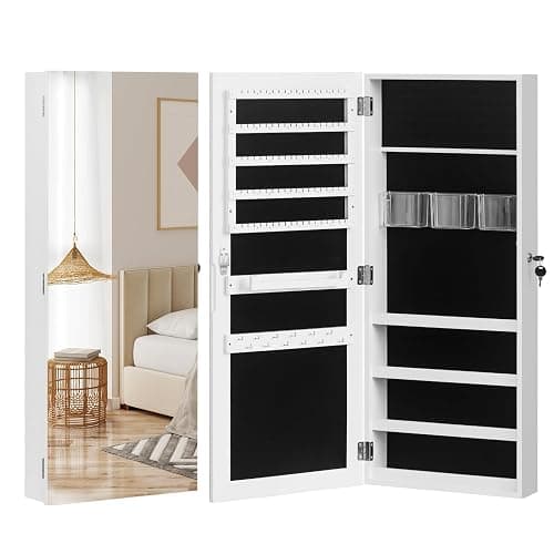 Jewelry Cabinet Fitting Mirror Cabinet,Mirror Jewelry Cabinet Organizer, 35.4-inch Jewelry Armoire with Full-Length Mirror, Wall or Door Mounted Jewelry Storage, Lockable Large Capacity Storage, White - Image 1