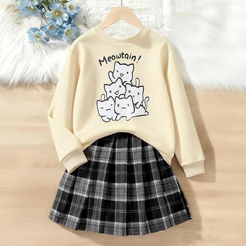Asbabiy Girls 2 Piece Outfits casual Pullover Sweatshirt and retro plaid skirt Set 7-13 Years thumbnail 2