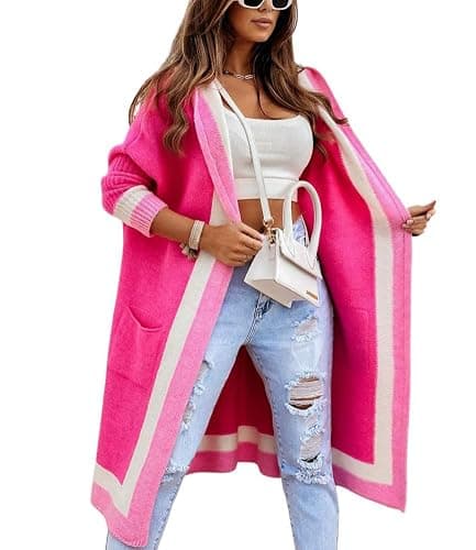 chouyatou Women's Color Block Vertical Striped Open Front Oversized Hooded Long Cardigan Sweaters with Pockets - Image 1