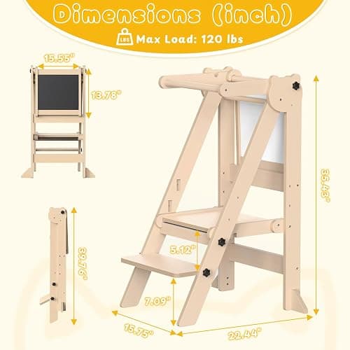 Foldable Toddler Tower, Wooden Toddler Kitchen Stool with 3 Adjustable Heights and Removable White/Blackboard, Montessori Foldable Learning Tower Kitchen Stool, Natural Wood thumbnail 3