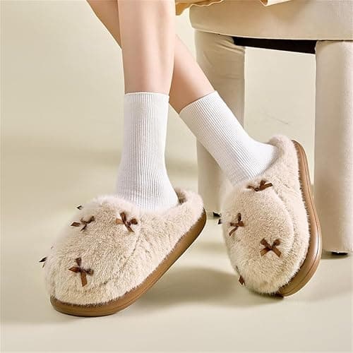 Uewidiod Women's Cute Plush Home Butterfly Knot Cotton Comfortable Thick Bottom Outdoor Winter Indoor Soft Warm Slippers thumbnail 3