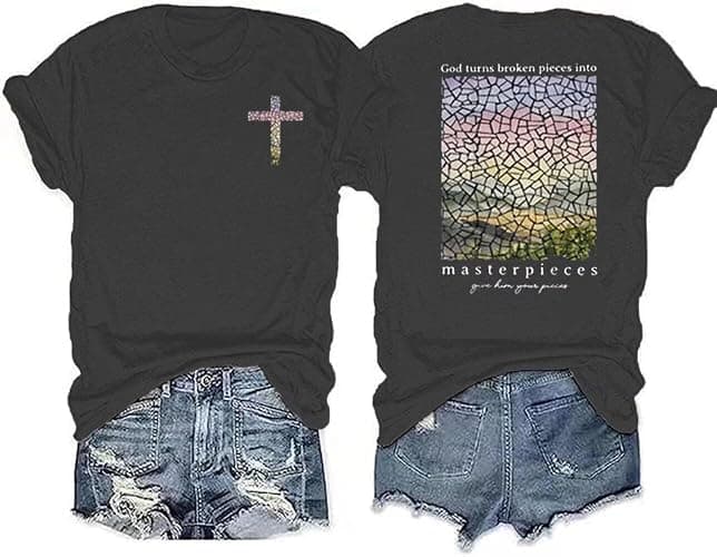 Women's Christian Bible Verse Graphic T Shirts Vintage Jesus Faith Pray Cross Print Tees Crewneck 2 Sided Tops - Image 1