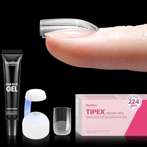 Beetles Tipex Gel Nail Kit Extra Short Square: 16 Sizes Instant Apex Nail Tips, 224 Pcs Pre-Building False Nail Tips with Tipex Nail Glue, Mini Nail Lamp-Thick Acrylic Nail Set - Image 1