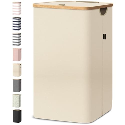 BALEINE Laundry Hamper with Lid, Tall Laundry Baskets with Bamboo Pull Handles, Large Laundry Bin with Internal Support (26 Gal/100L, Beige) - Image 1