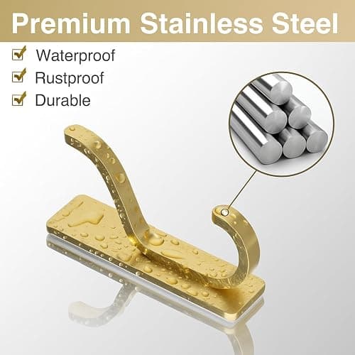 pickpiff Adhesive Wall Coat Hooks - Heavy Duty Stick-On Door Hanger, Metal Hook for Hanging Towel,Purse, Robe, Backpack, Jacket, Clothes - for Bathroom,Dorm, Closet, Kitchen - Gold, 4 Pack thumbnail 4